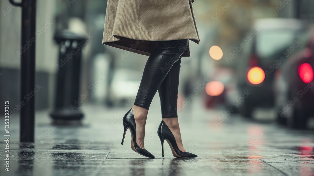 A woman walking confidently in stylish high heels on a city sidewalk