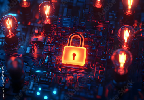 Digital Padlock Concept in Cybersecurity with Circuit Elements