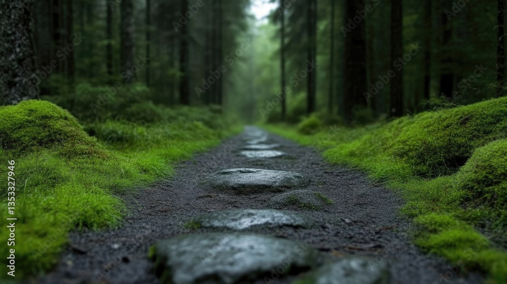 Fototapeta premium Forest path lined with wet stones, moss-covered ground