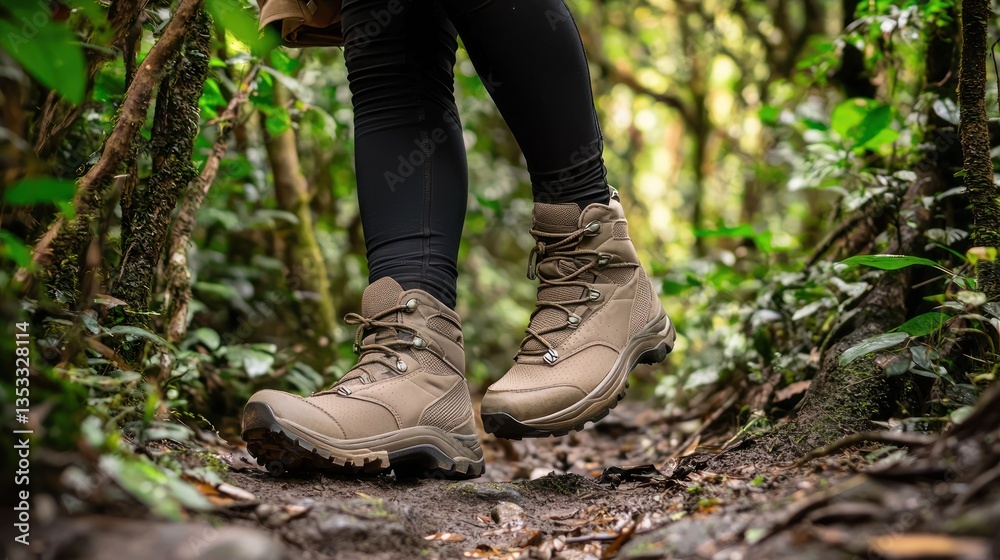 A woman wearing hiking boots and a jacket, walking through a dense forest path