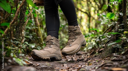 Obraz na płótnie A woman wearing hiking boots and a jacket, walking through a dense forest path w salonie