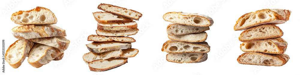 Stacks of sliced rustic bread, showcasing crusty textures and open crumb, bakery artisan style Stacks of sliced rustic bread, showcasing crusty textures and open crumb, bakery artisan style