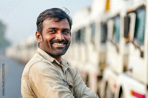 Labor day A portrait of an attractive Indian Man, smiling truck driver standing in front of his white semi-trucks. He is wearing workwear and has dark hair with a stubble beard