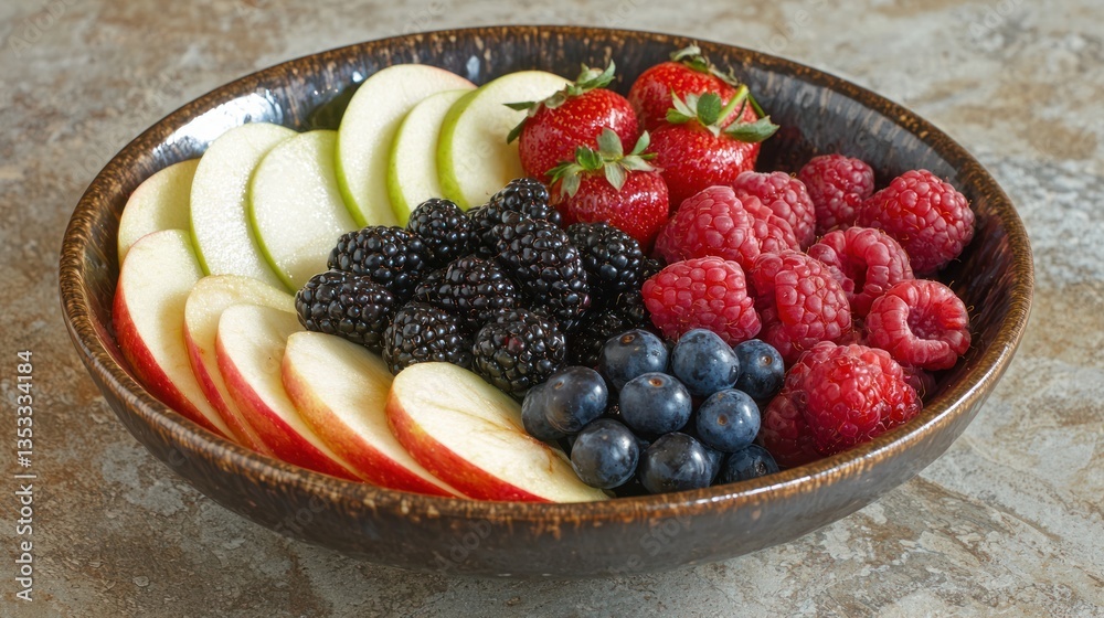 A bowl of fresh fruit with a variety of berries and sliced apples as a healthy snack