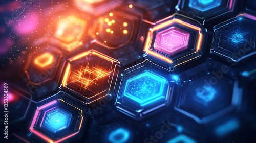 Abstract Futuristic Technology Background with Glowing Hexagonal Grid