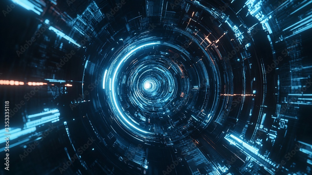 Abstract Technology Tunnel with Glowing Blue Light and Futuristic Design Abstract Technology Tunnel with Glowing Blue Light and Futuristic Design