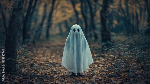 A child dressed as a spooky ghost in a white sheet for Halloween