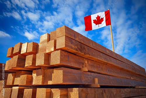 A stack of freshly cut lumber with national flag waving