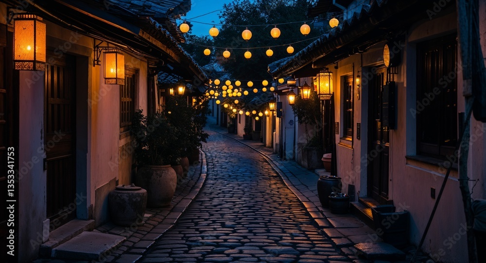 Obraz premium Narrow cobblestone alley dimly lit by flickering lanterns at night