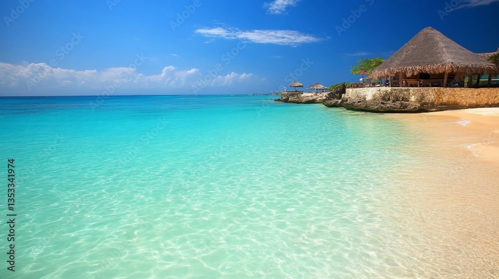 Fototapeta premium Turquoise Waters and Thatched Roof Oasis: A Tropical Beach Paradise View