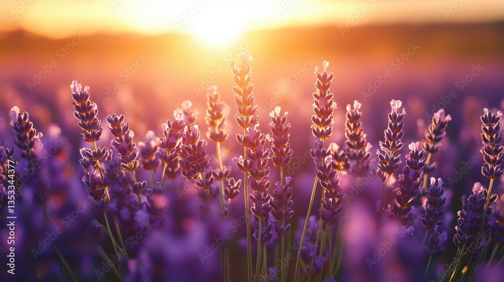 Obraz premium Beautiful Sunset Over Lavender Fields with Bright Sun and Vibrant Purple Flowers in Soft Focus Creating a Serene and Tranquil Atmosphere