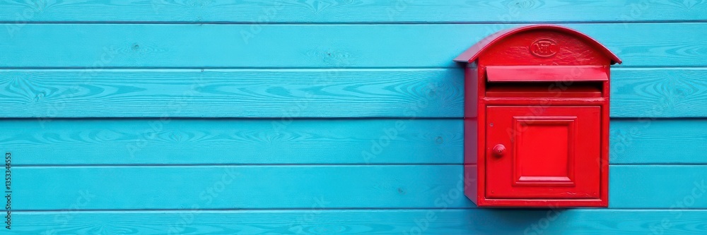 Bright red mailbox on a faded blue plank wall , American, photography Bright red mailbox on a faded blue plank wall , American, photography