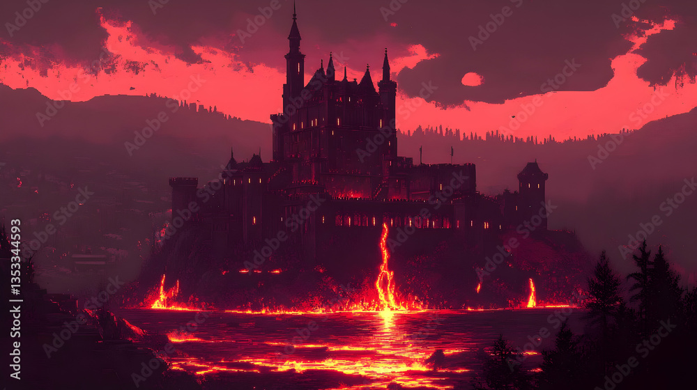 Naklejka premium Fiery Castle Sunset Landscape