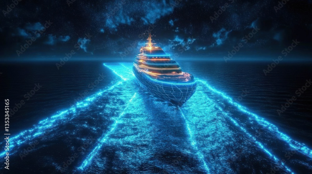 Obraz premium Futuristic Digital Ship Navigating Cyberpunk Ocean Under Starry Sky