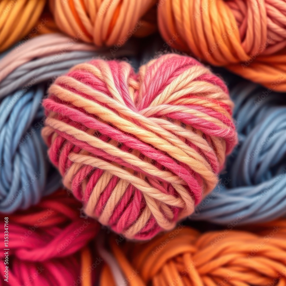 Heart-shaped ball of soft, chunky woolen yarn, romantic, knitting Heart-shaped ball of soft, chunky woolen yarn, romantic, knitting