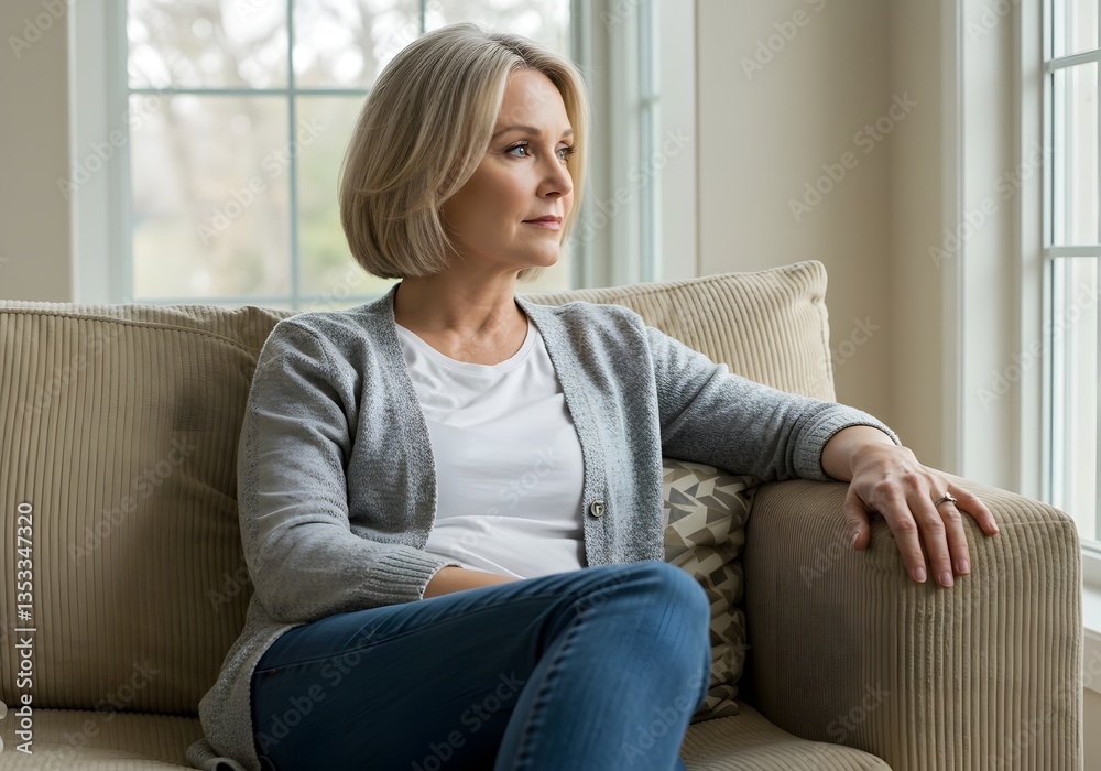 Obraz premium Thoughtful woman sitting on couch, gazing pensively out of window, deep in thought, reflecting on life, making important decision, planning future or just daydreaming. Generative AI
