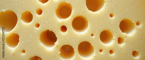 Open, porous, irregular holes characterize the firm, slightly springy texture of Emmental cheese, gourmet, dairy product, porous