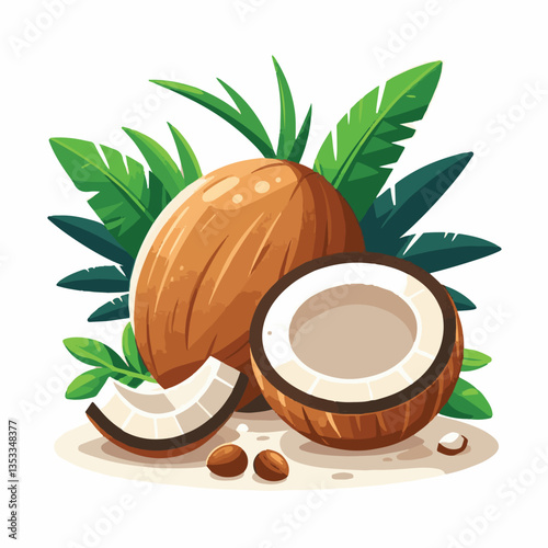 coconut, exotic, tropical, palm, isolated, food, background, fresh, leaf, cut, half, brown, coco, nature, nut, healthy, natural, fruit, white, ingredient, diet, piece, milk, shell, break, green, organ