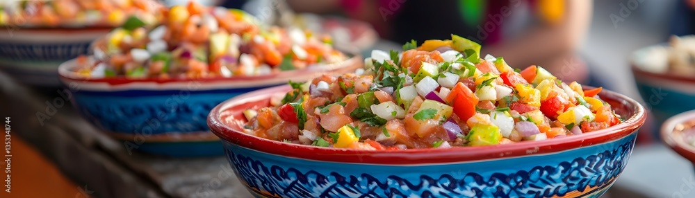 A vibrant display of fresh salsa in traditional bowls, bursting with colors and flavors. Perfect for culinary delights and festive gatherings, showcasing joyful food culture. A vibrant display of fresh salsa in traditional bowls, bursting with colors and flavors. Perfect for culinary delights and festive gatherings, showcasing joyful food culture.