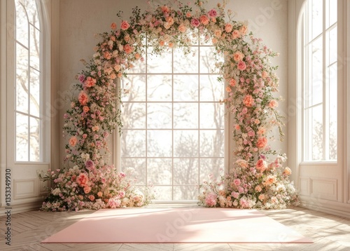 A beautiful interior decorated with floral arch and large windows