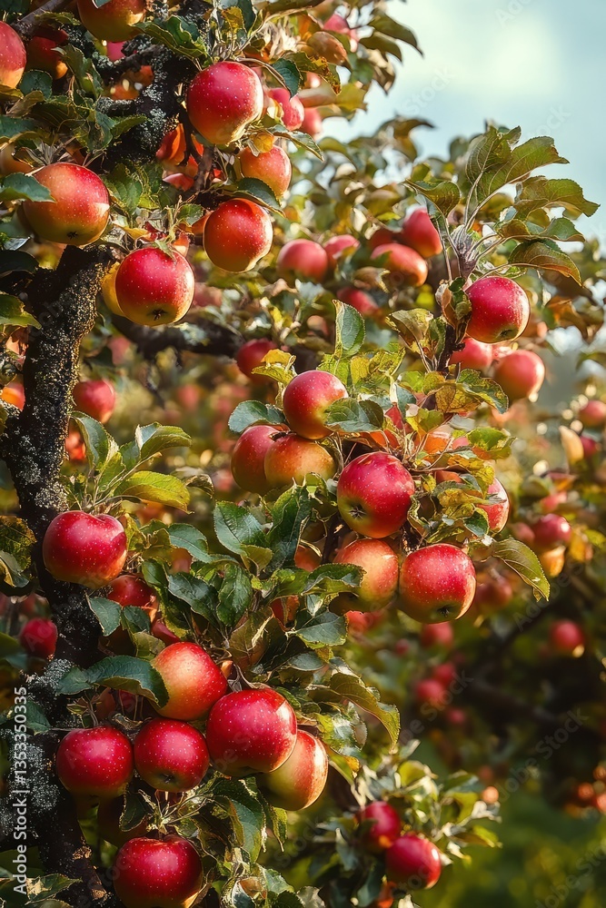 Ripe Red Apples on Lush Trees in a Vibrant Orchard Scene Ripe Red Apples on Lush Trees in a Vibrant Orchard Scene