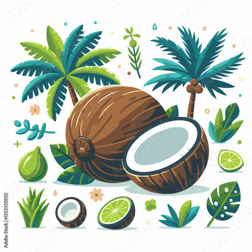 coconut, exotic, tropical, palm, isolated, food, background, fresh, leaf, cut, half, brown, coco, nature, nut, healthy, natural, fruit, white, ingredient, diet, piece, milk, shell, break, green, organ
