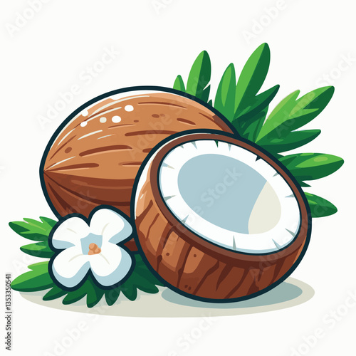 coconut, exotic, tropical, palm, isolated, food, background, fresh, leaf, cut, half, brown, coco, nature, nut, healthy, natural, fruit, white, ingredient, diet, piece, milk, shell, break, green, organ