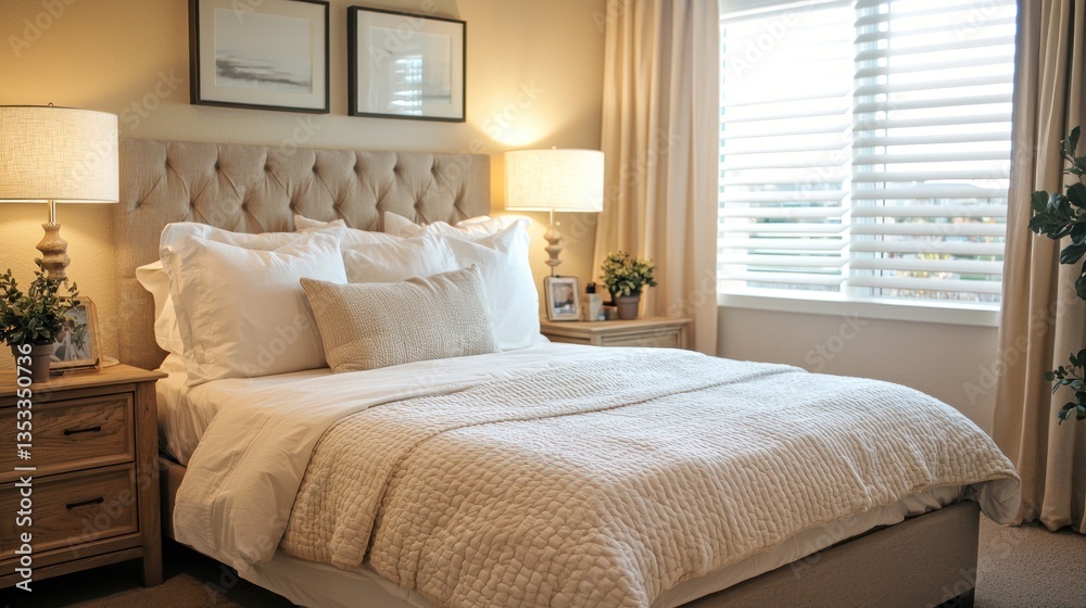 A cozy bedroom with soft, neutral tones and a comfortable bed