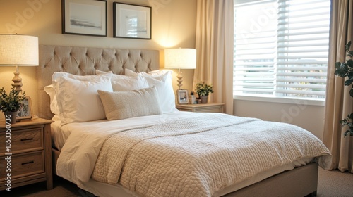 Obraz na płótnie A cozy bedroom with soft, neutral tones and a comfortable bed w salonie