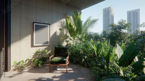 Wallpaper Mural Modern minimalist loft with dark olive velvet chair in urban greenery stylish outdoor space Torontodigital.ca
