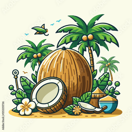 coconut, exotic, tropical, palm, isolated, food, background, fresh, leaf, cut, half, brown, coco, nature, nut, healthy, natural, fruit, white, ingredient, diet, piece, milk, shell, break, green, organ
