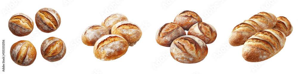 Golden crust bread rolls, powdered flour surface and varying textures displayed in small groups Golden crust bread rolls, powdered flour surface and varying textures displayed in small groups