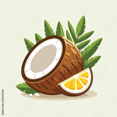 coconut, exotic, tropical, palm, isolated, food, background, fresh, leaf, cut, half, brown, coco, nature, nut, healthy, natural, fruit, white, ingredient, diet, piece, milk, shell, break, green, organ