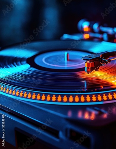 Cyberpunk Vinyl Turntable with Spinning Record and Neon Lights