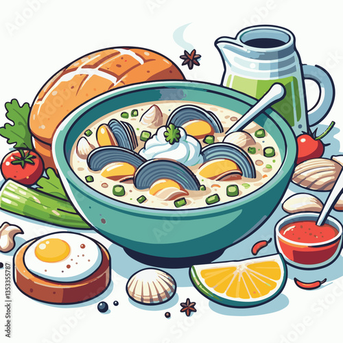 food, delicious, chowder, bowl, soup, clam, seafood, dinner, potato, meal, gourmet, cream, creamy, healthy, lunch, shellfish, fresh, cuisine, parsley, spoon, dish, milk, white, bread, hot, american, b