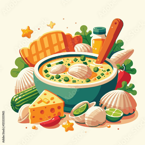 food, delicious, chowder, bowl, soup, clam, seafood, dinner, potato, meal, gourmet, cream, creamy, healthy, lunch, shellfish, fresh, cuisine, parsley, spoon, dish, milk, white, bread, hot, american, b