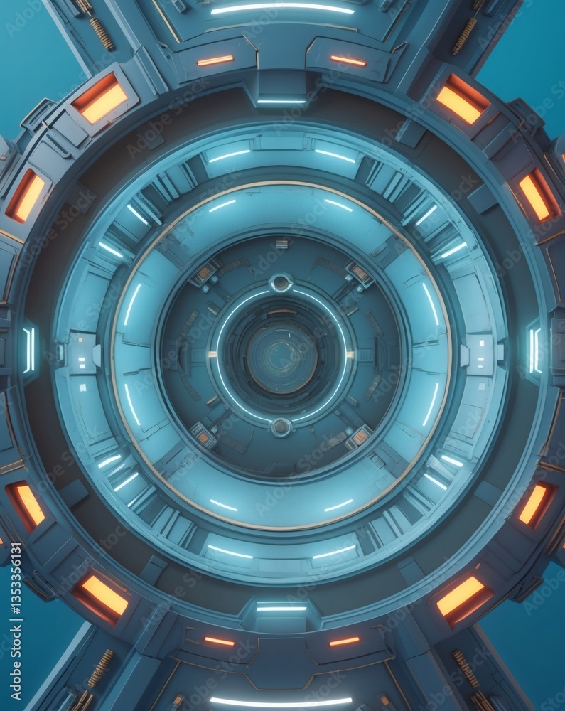 Fototapeta premium A futuristic technological circular structure with blue neon lights and intricate details