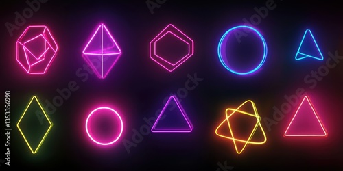A collection of floating neon geometric shapes in a dark abstract background