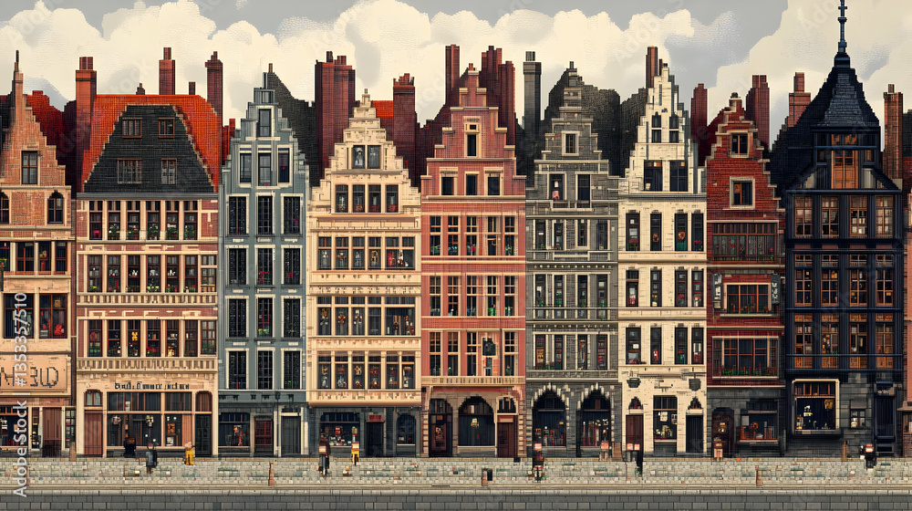 Fototapeta premium Pixelated European Cityscape With Colorful Buildings