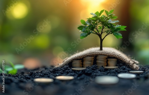 Investment Growth Concept: Small Tree in Burlap Sack Surrounded by Coins for Financial Freedom and Wealth Accumulation