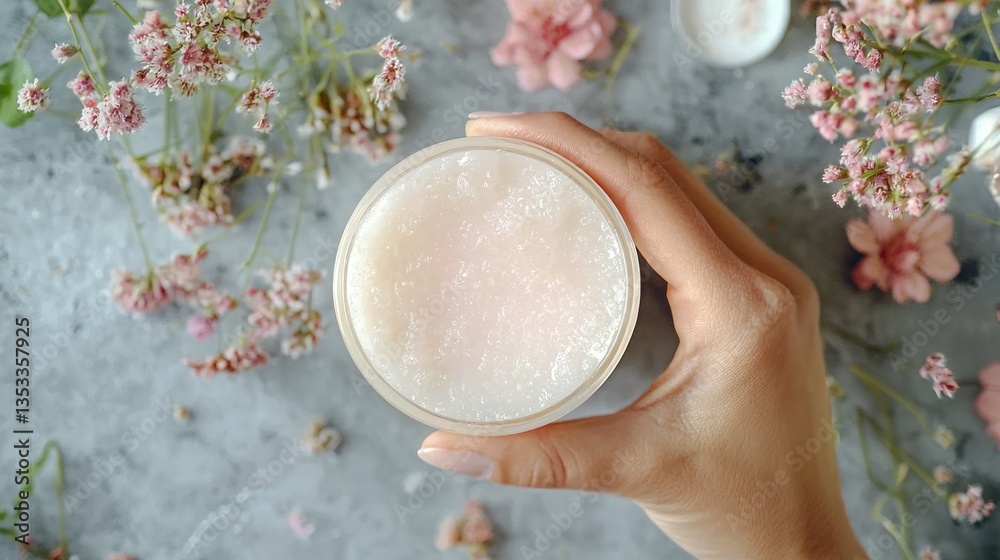 A hand gently massaging rich hand cream into the skin for hydration