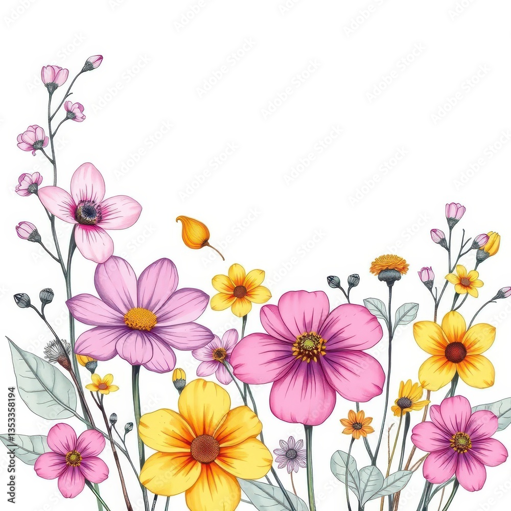 Fototapeta premium Pastel colored spring flowers and leaves sketched on a light background, delicate, drawing, bright