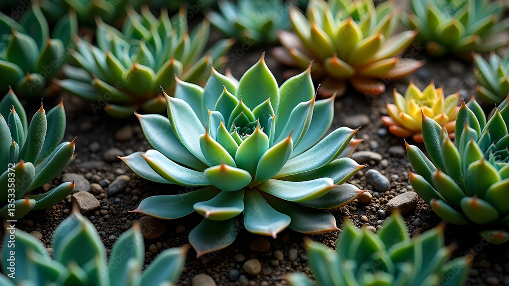 Succulent garden display, botanical background Succulent garden display, botanical background