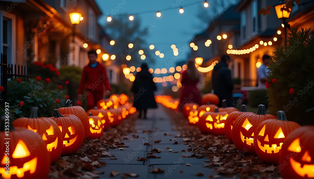 Obraz premium A spooky Halloween street party with carved pumpkins, costumes, and eerie glowing lanterns.