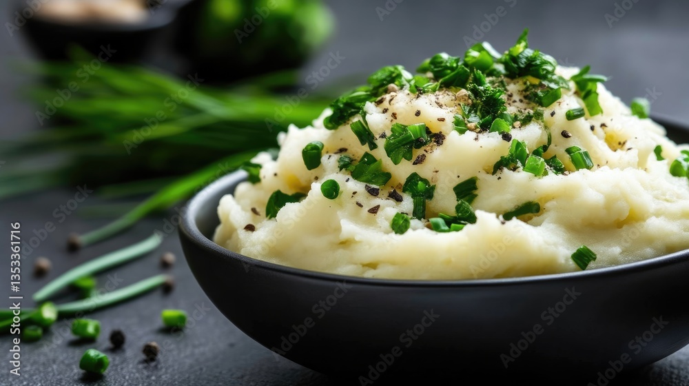 Creamy mashed potatoes topped with fresh chives Creamy mashed potatoes topped with fresh chives