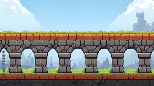 Pixelated Stone Wall With Arches And Grassy Landscape