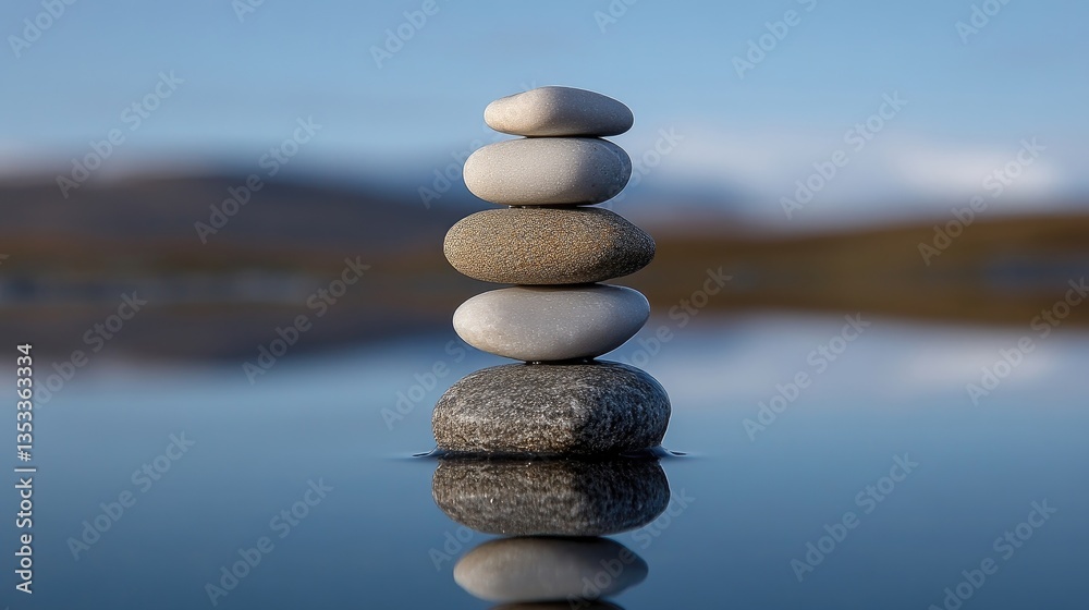 Stones stacked in a precise balance over a calm lake, reflecting the tranquil scene Stones stacked in a precise balance over a calm lake, reflecting the tranquil scene