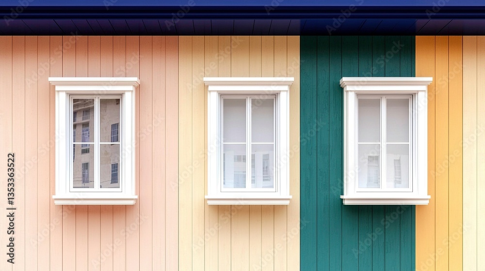 Colorful building facade with three white windows Colorful building facade with three white windows