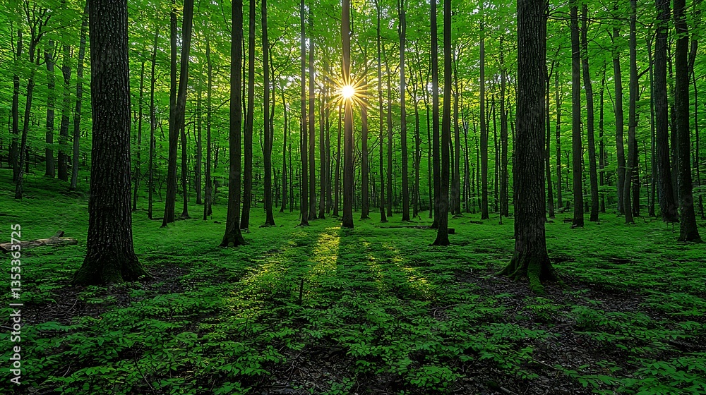 Obraz premium Sunlit Forest Scene Lush Green Trees Nature Photography