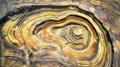 Abstract layered patterns resembling geological formations with rich colors.